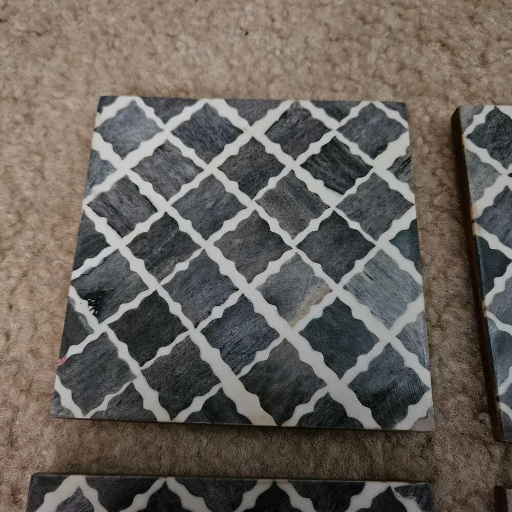 MODERN 4 MY MELA TRELLIS BONE INLAID GRAY BAR DRINK WOOD COASTERS MADE IN INDIA